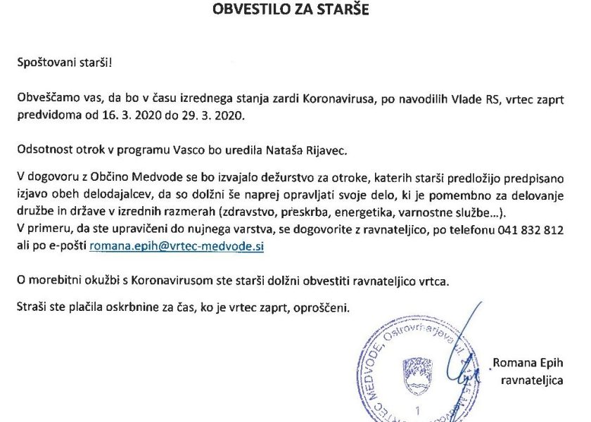 Obvestilo starši